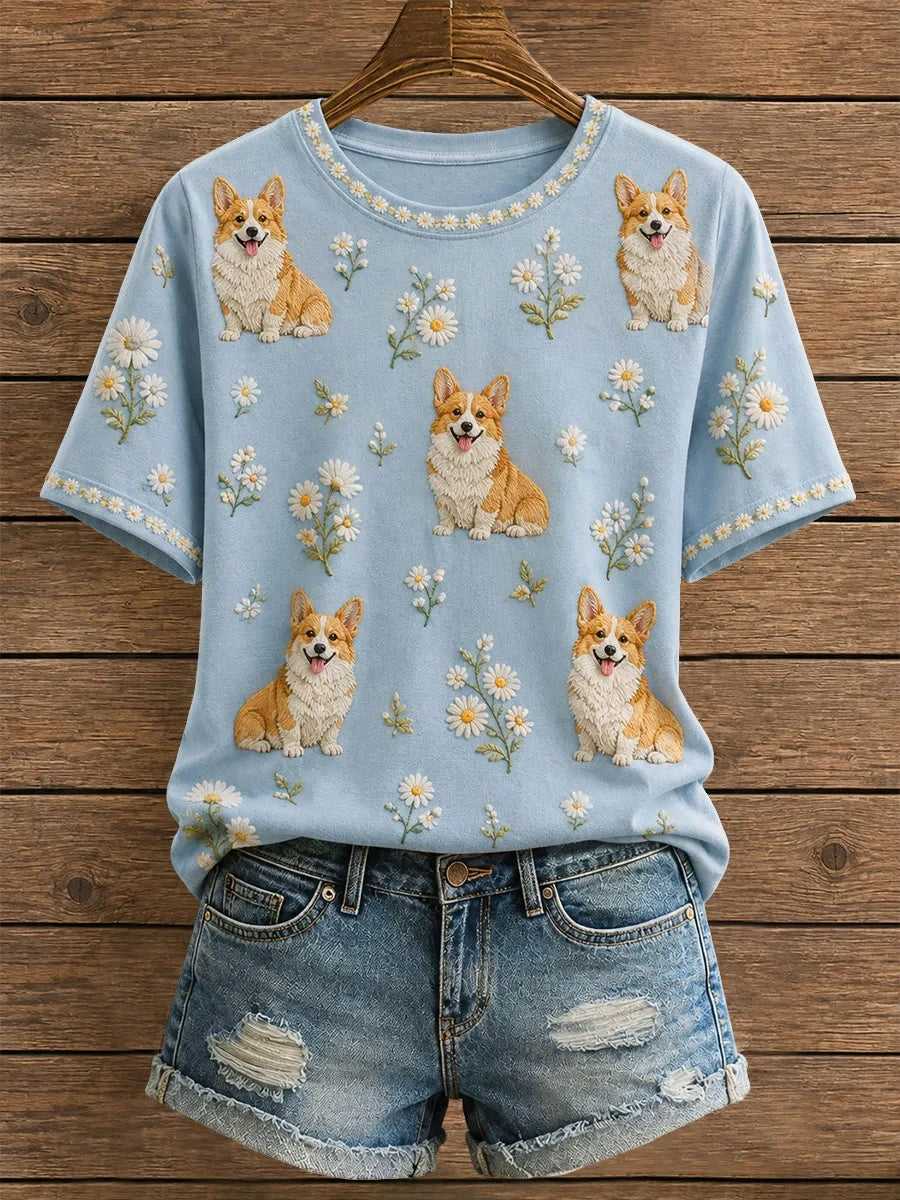 Cute Corgi With Daisies T-Shirt Dog Floral Shirt Gifts For My Wife - Merchluma