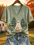 Forest Campfire Ghost Fall Camping V-Neck Shirt Best Halloween Clothes Cute Gift for Her - Merchluma