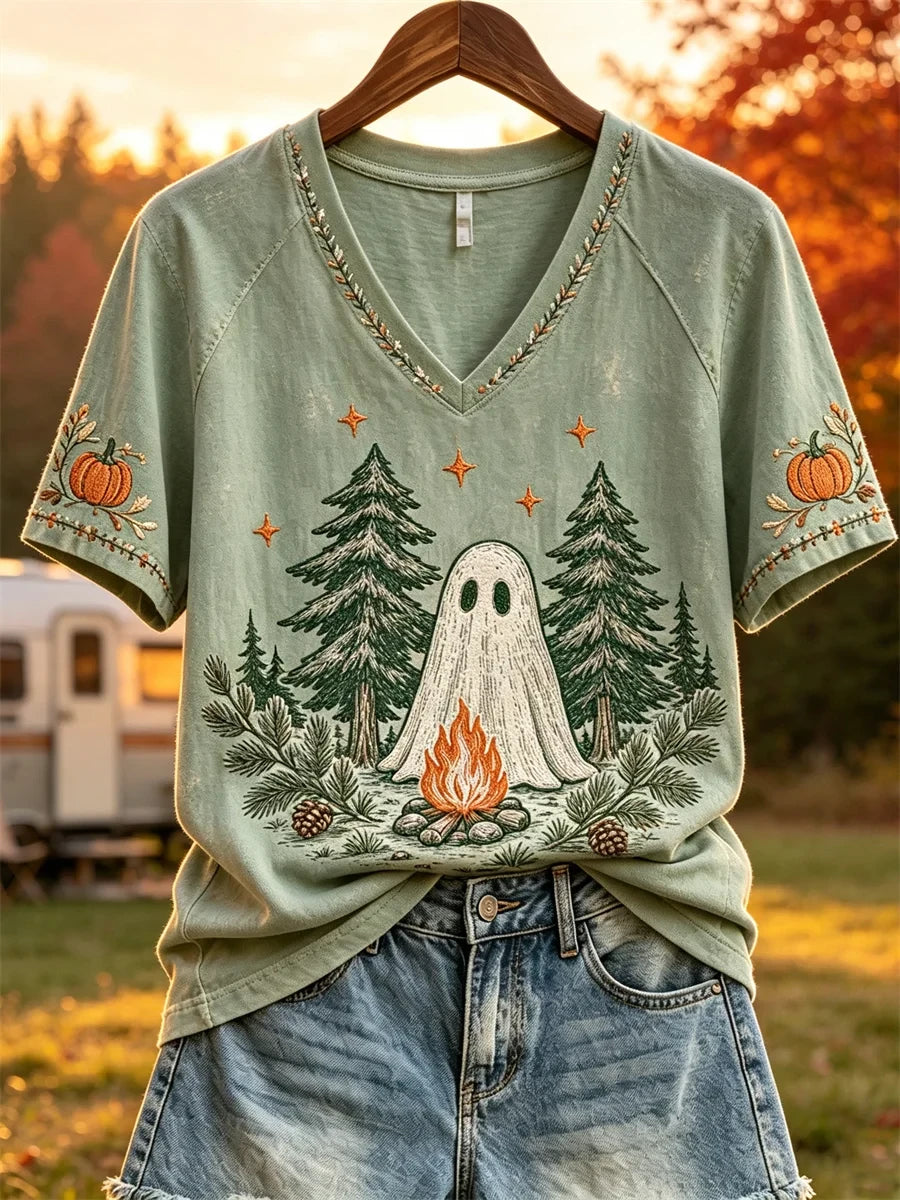 Forest Campfire Ghost Fall Camping V-Neck Shirt Best Halloween Clothes Cute Gift for Her - Merchluma