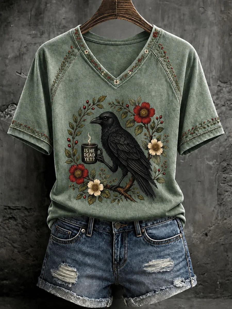 Gothic Raven Is He Dead Yet V-Neck Shirt Anti Trump Protest Apparel Halloween Gifts - Merchluma
