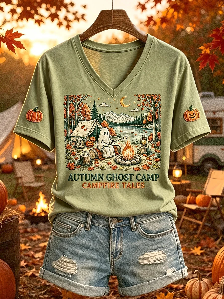Halloween Autumn Ghost Camp V-Neck Shirt Campfire Tales Fall Trendy Clothes Halloween Present - Merchluma