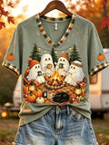 Halloween Ghosts Cozy Fall Camping V-Neck Shirt Trendy Autumn Clothes Gifts For Halloween - Merchluma