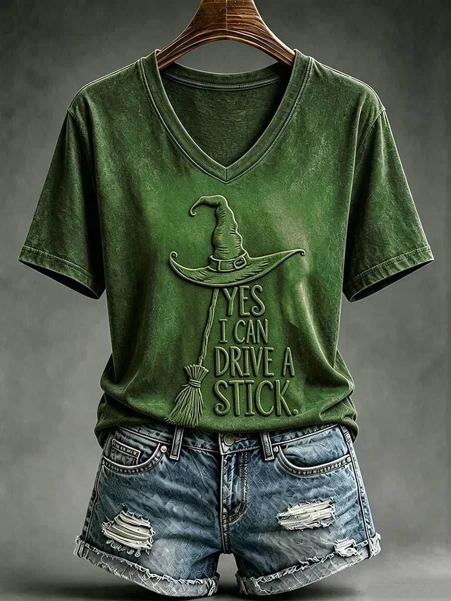 Yes I Can Drive A Stick V-Neck Shirt Witches Outfits Best Halloween Gifts Ideas - Merchluma