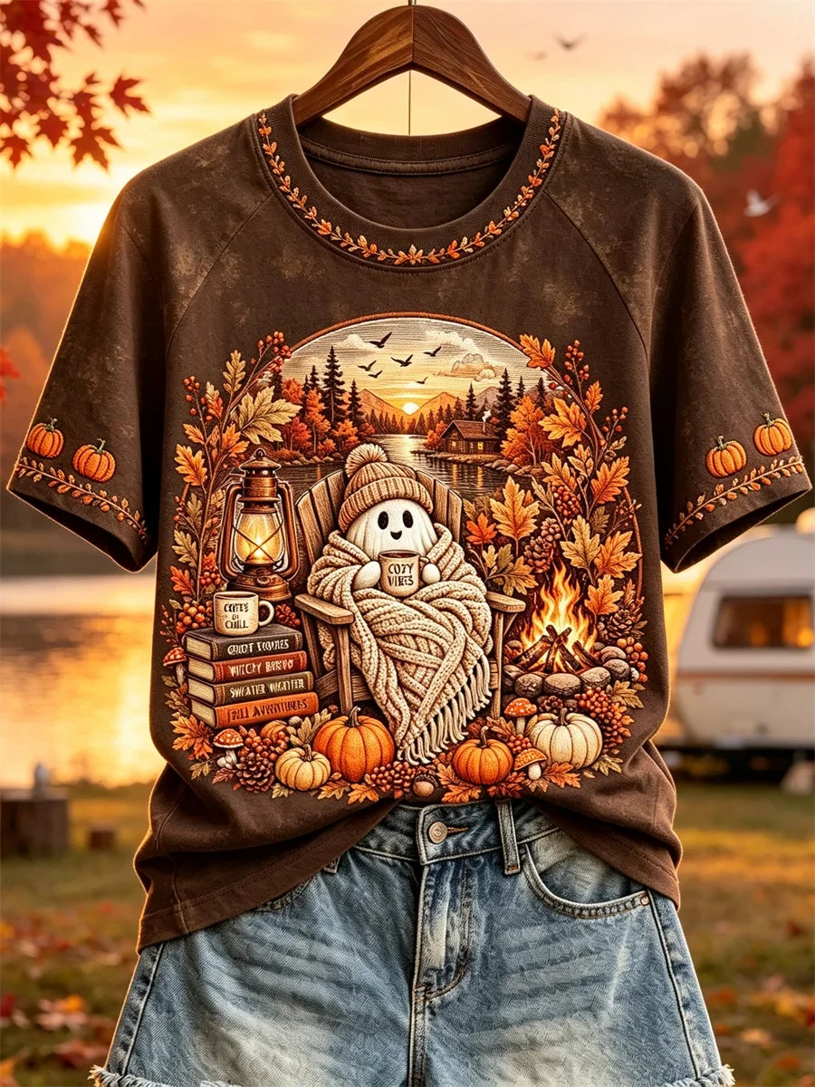 Cozy Vibes Fall Ghost Camping T-Shirt Autumn Halloween Shirt Spooky Gift - Merchluma