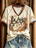 Cute Ghost Pumpkin Hollow V-Neck Shirt Cute Autumn Fall Clothes Halloween Gifts For Her - Merchluma