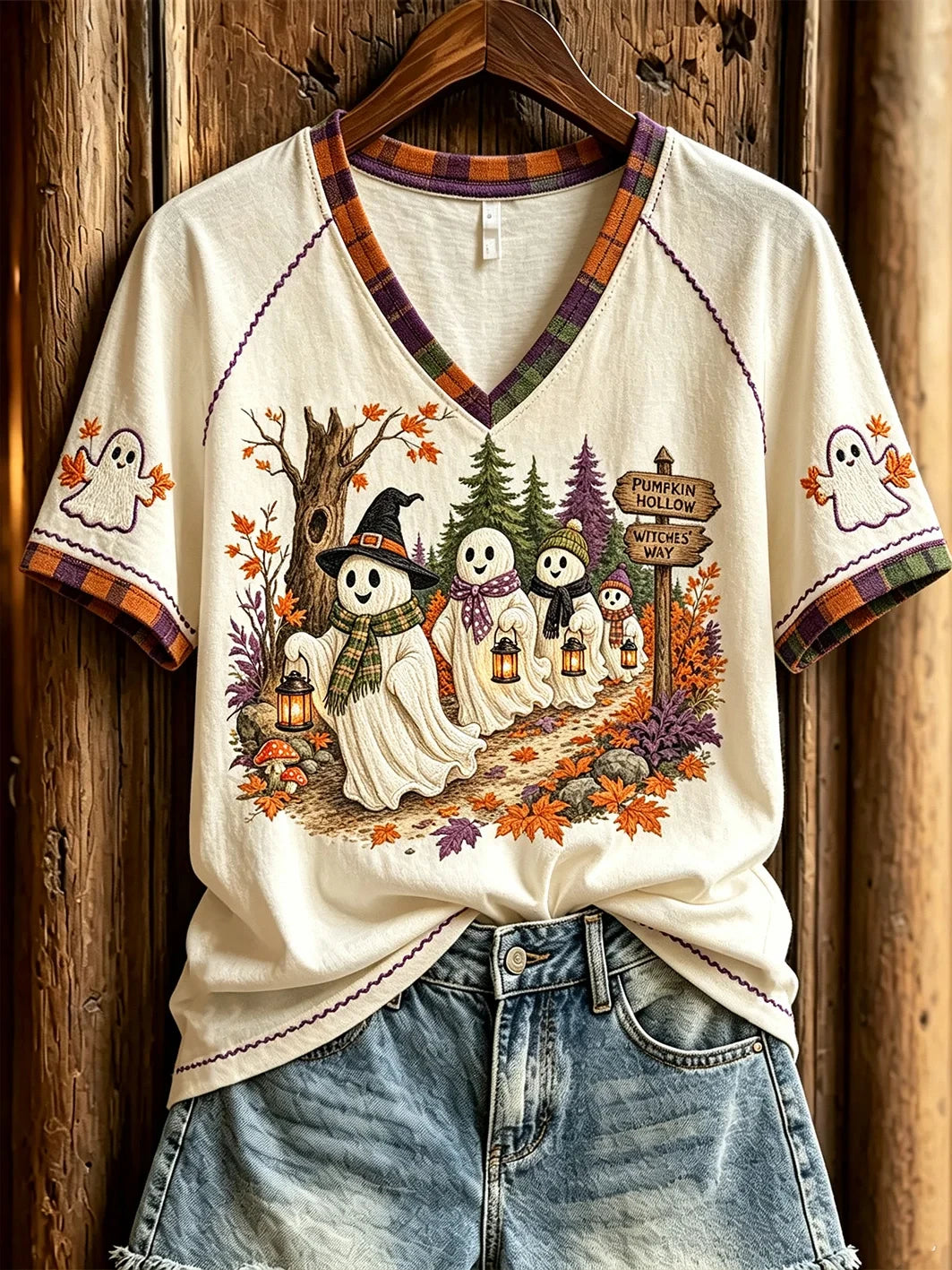 Cute Ghost Pumpkin Hollow V-Neck Shirt Cute Autumn Fall Clothes Halloween Gifts For Her - Merchluma