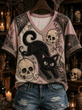 Halloween Black Cat V-Neck Shirt Skull Gothic Themed Apparel Gift For Cat Lovers - Merchluma