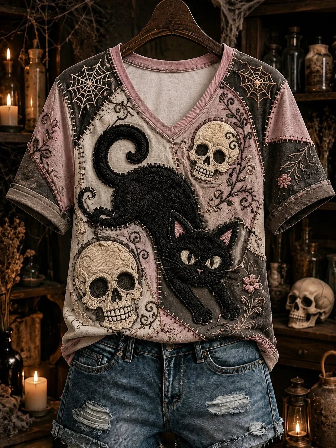 Halloween Black Cat V-Neck Shirt Skull Gothic Themed Apparel Gift For Cat Lovers - Merchluma