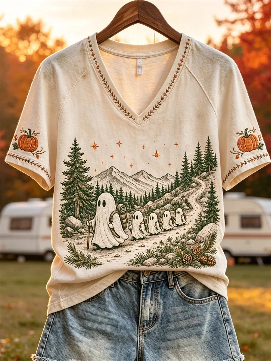 Outdoor Adventures Ghosts Fall Camping V-Neck Shirt Cute Halloween Apparel Gift For BFF - Merchluma
