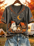 Halloween Night Ghost Fall Camping V-Neck Shirt Happy Haunting Shirt Cute Gift For Autumn - Merchluma