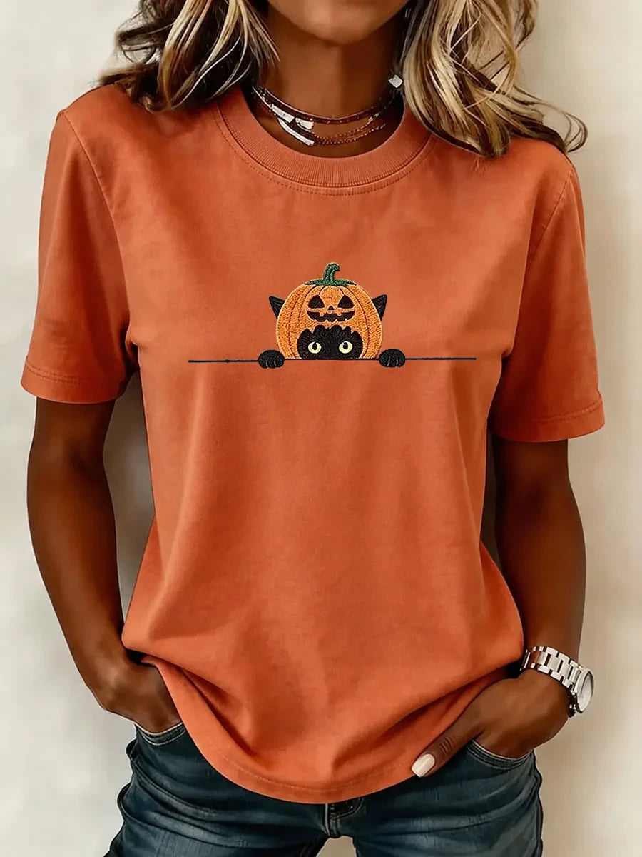 Black Cat In Pumpkin T-Shirt Halloween Cat Merch Cute Outfit Gift - Merchluma