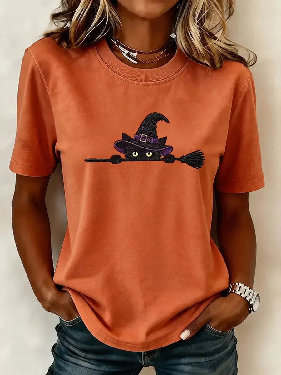 Black Cat Witch Broom T-Shirt Halloween Cat Merch Meaningful Gifts For Women - Merchluma