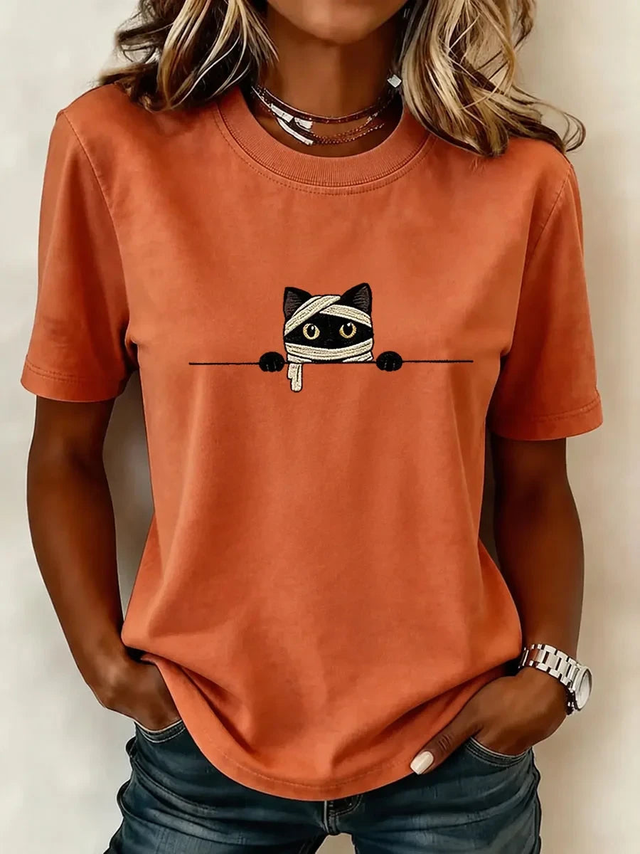 Cute Mummy Black Cat Peeking T-Shirt Halloween Cat Shirt Halloween Outfits For Women - Merchluma