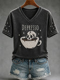 Depresso Fun Skull Caffe V-Neck Shirt Funny Humorous Halloween Apparel Caffee Lover Gift - Merchluma