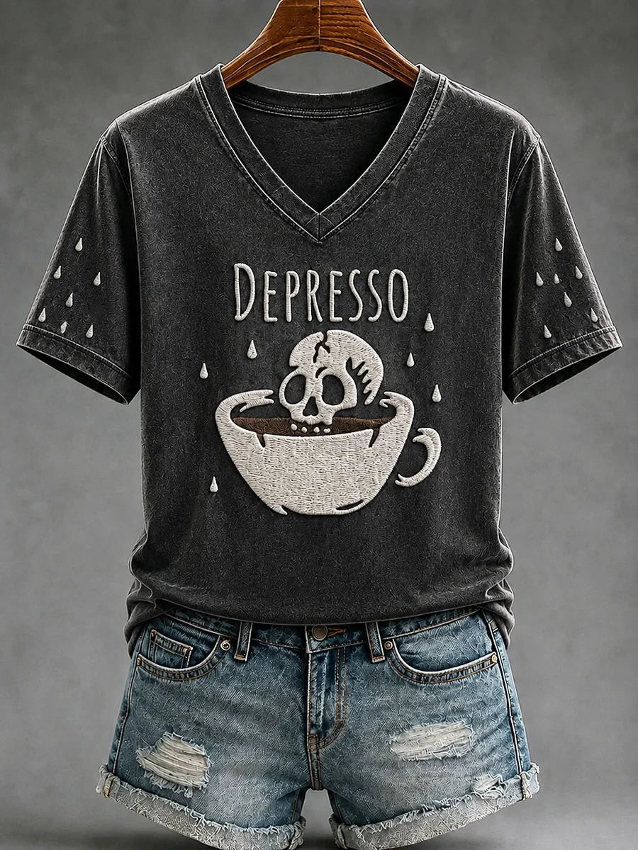 Depresso Fun Skull Caffe V-Neck Shirt Funny Humorous Halloween Apparel Caffee Lover Gift - Merchluma