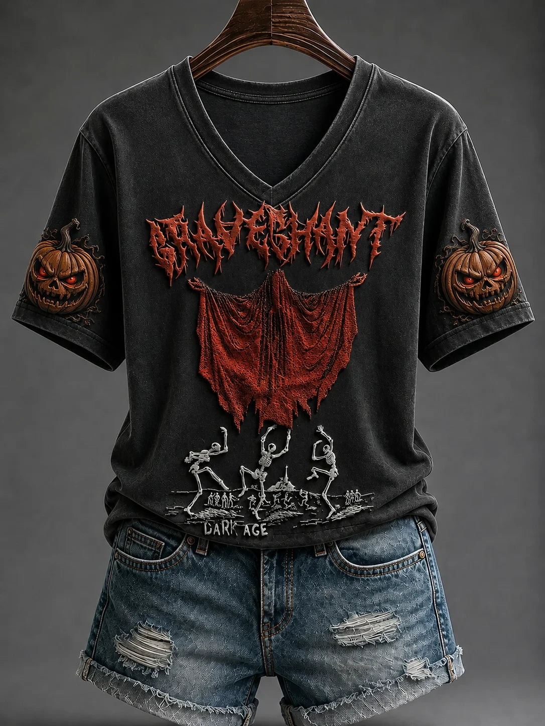 Gravechant Metal Halloween V-Neck Shirt Dancing Skeleton Dark Age Tee Spooky Gifts Ideas - Merchluma