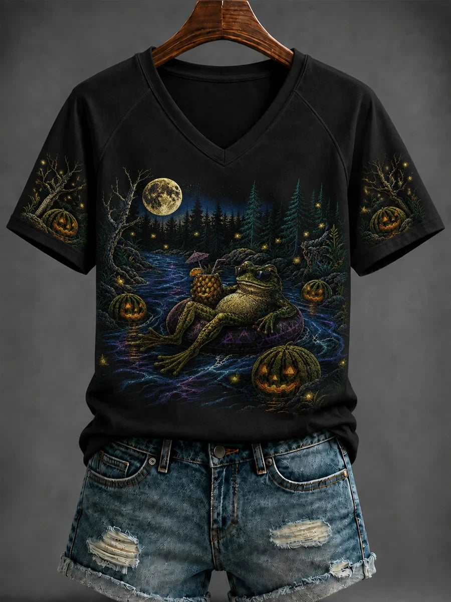 Halloween Frog Floating On River V-Neck Shirt Spooky Season Apparel Gothic Gifts Ideas - Merchluma