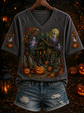 Halloween Ghost Pumpkin Art V-Neck Shirt Spooky Outfits Gift For Horror Lovers - Merchluma