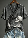 Halloween Skeleton And Black Cat V-Neck Shirt Cute Halloween Apparel Gift For Cat Lovers - Merchluma