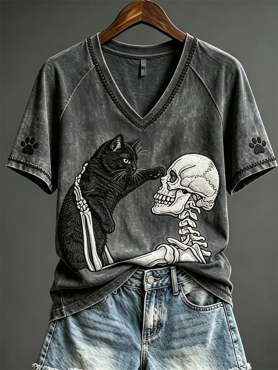 Halloween Skeleton And Black Cat V-Neck Shirt Cute Halloween Apparel Gift For Cat Lovers - Merchluma