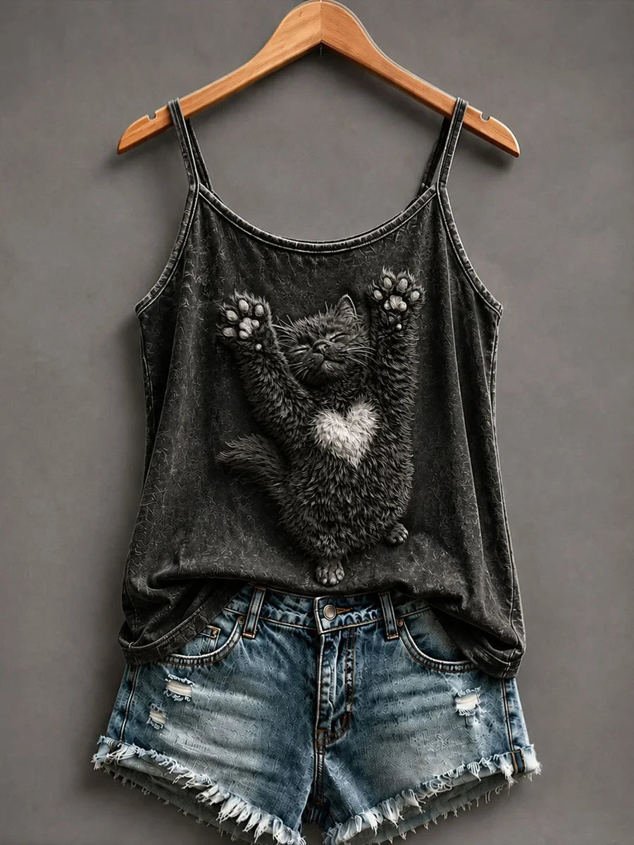 Fluffy Black Cat Stretching Hearttank Top Cat Lover Clothes Unique Gifts For Women - Merchluma