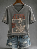 Staying Alive Trendy Coffee Funny Skulls Halloween V-Neck Shirt Spooky Season Gift Ideas - Merchluma