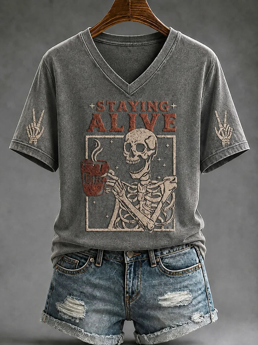 Staying Alive Trendy Coffee Funny Skulls Halloween V-Neck Shirt Spooky Season Gift Ideas - Merchluma