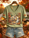 Halloween Ghost Camping Print V-Neck Shirt Cute Autumn Clothes Best Halloween Gifts - Merchluma