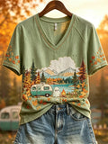 Halloween Ghost RV Camping Fall Landscape V-Neck Shirt Cute Autumn Clothes Halloween Gifts - Merchluma