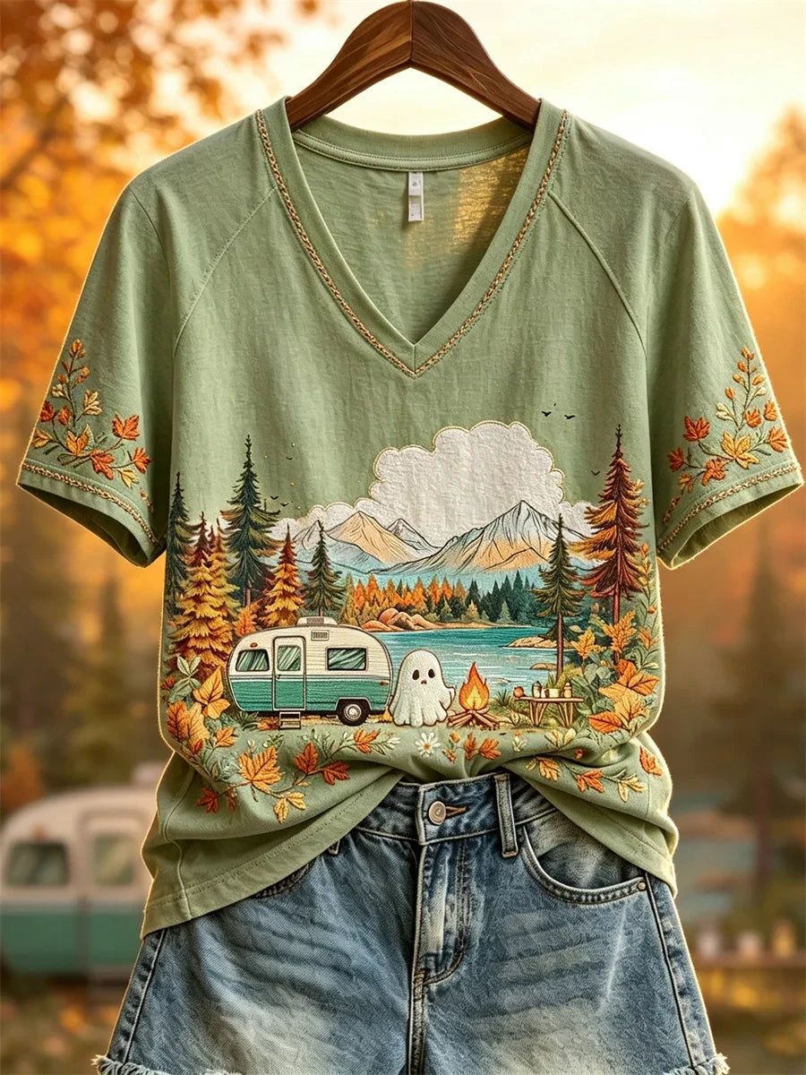 Halloween Ghost RV Camping Fall Landscape V-Neck Shirt Cute Autumn Clothes Halloween Gifts - Merchluma