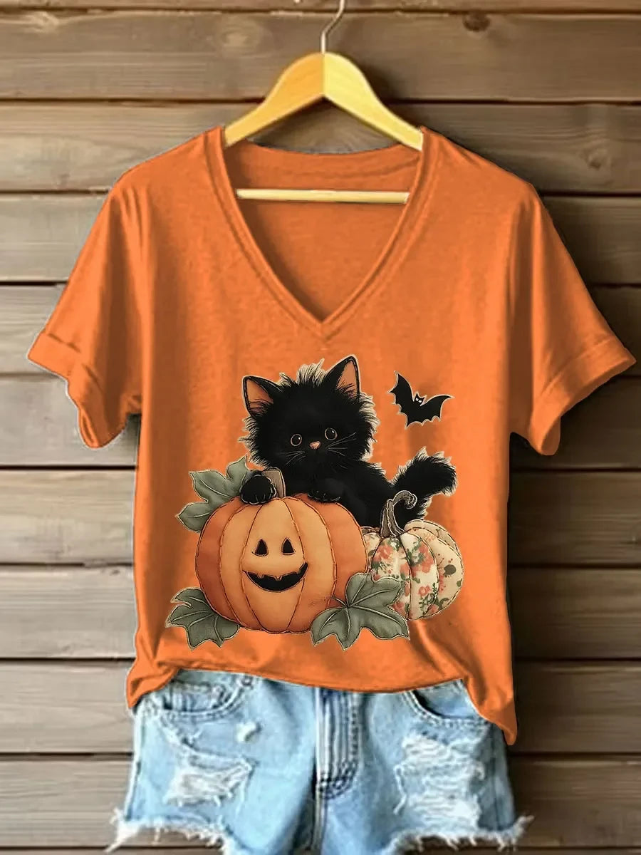 Black Kitten Pumpkin V-Neck Shirt Cute Halloween Apparel Gift For Cat Lovers - Merchluma