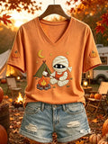 Cute Camping Mummy Print V-Neck Shirt Autumn Fall Outfit Adorable Halloween Gifts - Merchluma