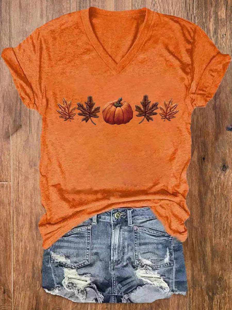 Fall Pumpkin V-Neck Shirt Cute Autumn Clothes Halloween Gifts Ideas For Her - Merchluma