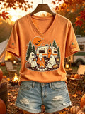 Funny Halloween Camping Ghost Print V-Neck Shirt Autumn Fall Outfit Cute Halloween Presents - Merchluma