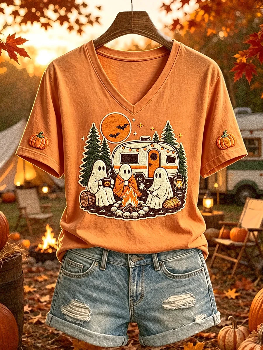 Funny Halloween Camping Ghost Print V-Neck Shirt Autumn Fall Outfit Cute Halloween Presents - Merchluma