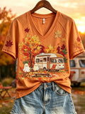 Halloween Ghost RV Camping Fall Landscape V-Neck Shirt Autumn Apparel Cute Halloween Gifts - Merchluma