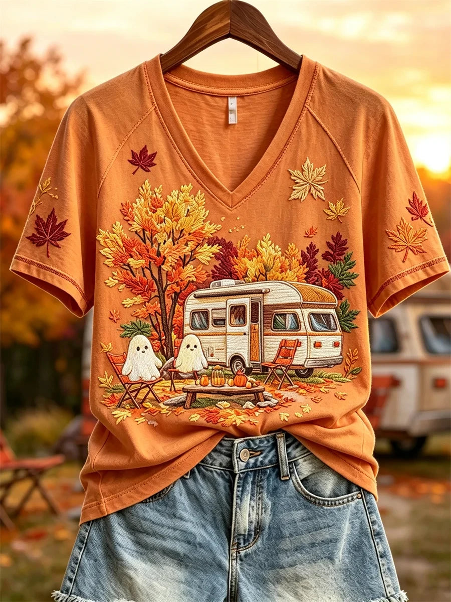 Halloween Ghost RV Camping Fall Landscape V-Neck Shirt Autumn Apparel Cute Halloween Gifts - Merchluma