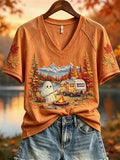 Halloween Ghost RV Camping Fall Landscape V-Neck Shirt Autumn Colours Clothes Halloween Gifts - Merchluma