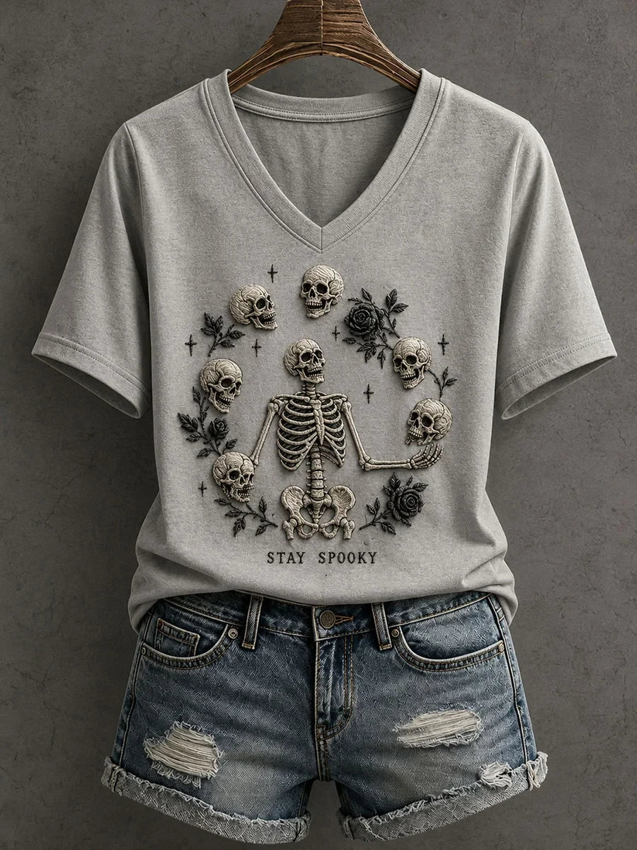 Gothic Skull Stay Spooky V-Neck Shirt Halloween Horror Nights Apparel Gift For Her - Merchluma