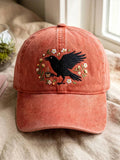 Raven Crow On Branch Baseball Cap Red Floral Flower Gothic Merch Gift For Her - Merchluma
