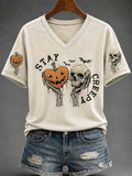 Stay Creepy Fun Skull Pumpkin Halloween V-Neck Shirt Humorous Funny Apparel Halloween Gifts - Merchluma