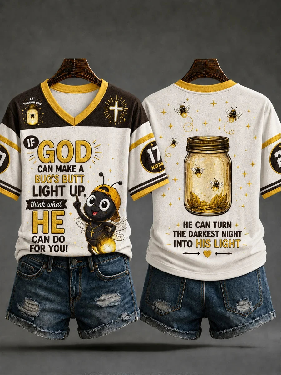 If God Can Make A Bugs Butt Light Up V-Neck Shirt Christian Firefly Mason Jar Apparel Gift - Merchluma