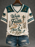 Walk By Faith Not By Sight V-Neck Shirt Christian Cross Leopard Clothes Gift For Her - Merchluma