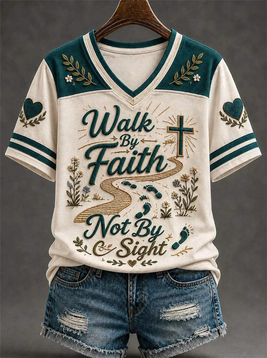 Walk By Faith Not By Sight V-Neck Shirt Christian Cross Leopard Clothes Gift For Her - Merchluma