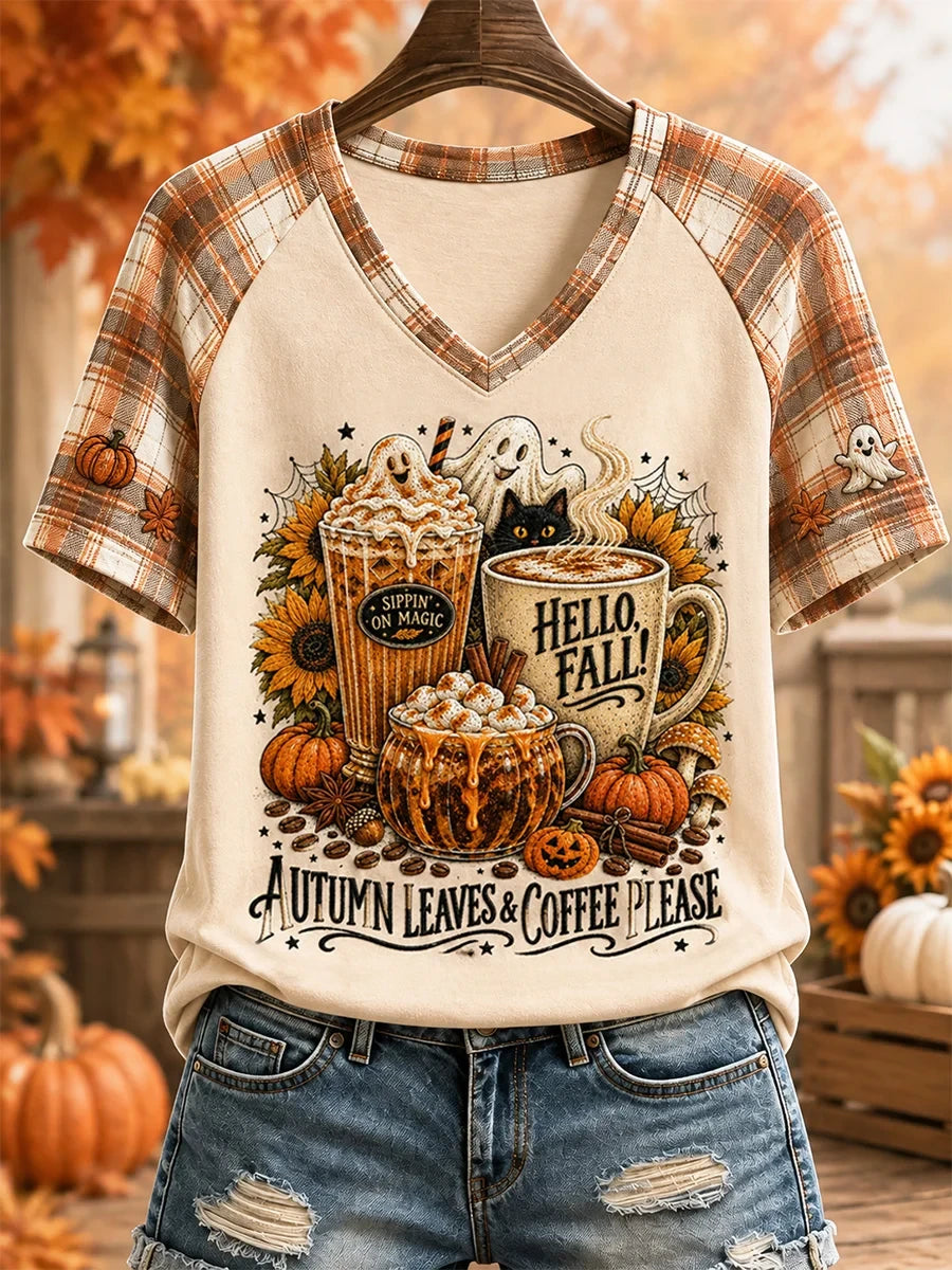 Autumn Leaves And Coffee Please V-Neck Shirt Hello Fall Pumpkin Shirt Gifts For Her - Merchluma