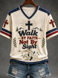 Walk By Faith Not By Sight V-Neck Shirt Christian Cross Apparel Gift For Him - Merchluma
