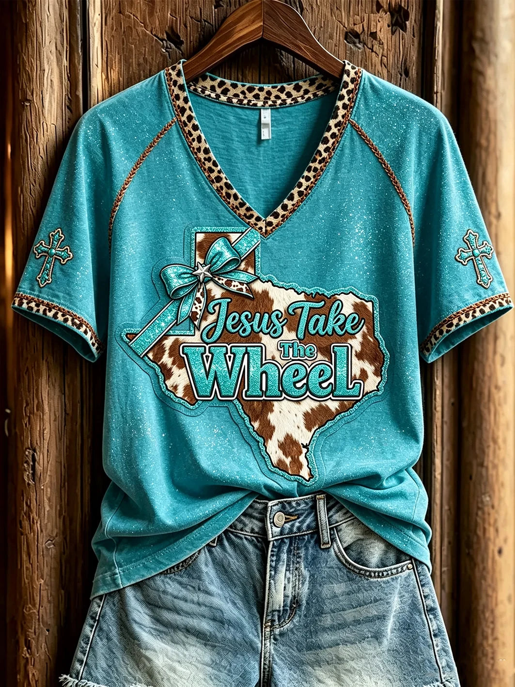 Jesus Take The Wheel V-Neck Shirt Texas Cowhide Leopard Cross Western Clothing Gift For Her - Merchluma
