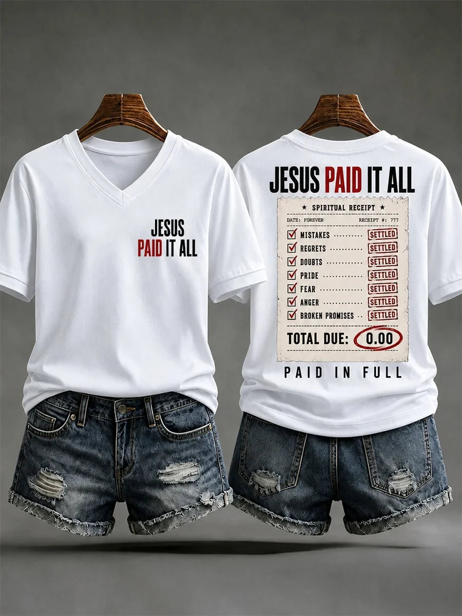 Jesus Paid It All Print Casual V-Neck Shirt Paid In Full Christian Apparel Gift For Her - Merchluma