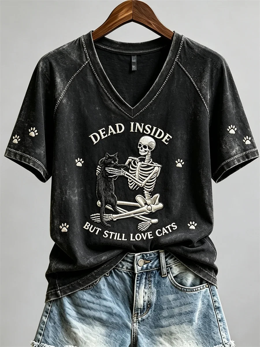 Dead Inside But Still Love Cats Skeleton Black Cat V-Neck Shirt Birthday Ideas For Men - Merchluma