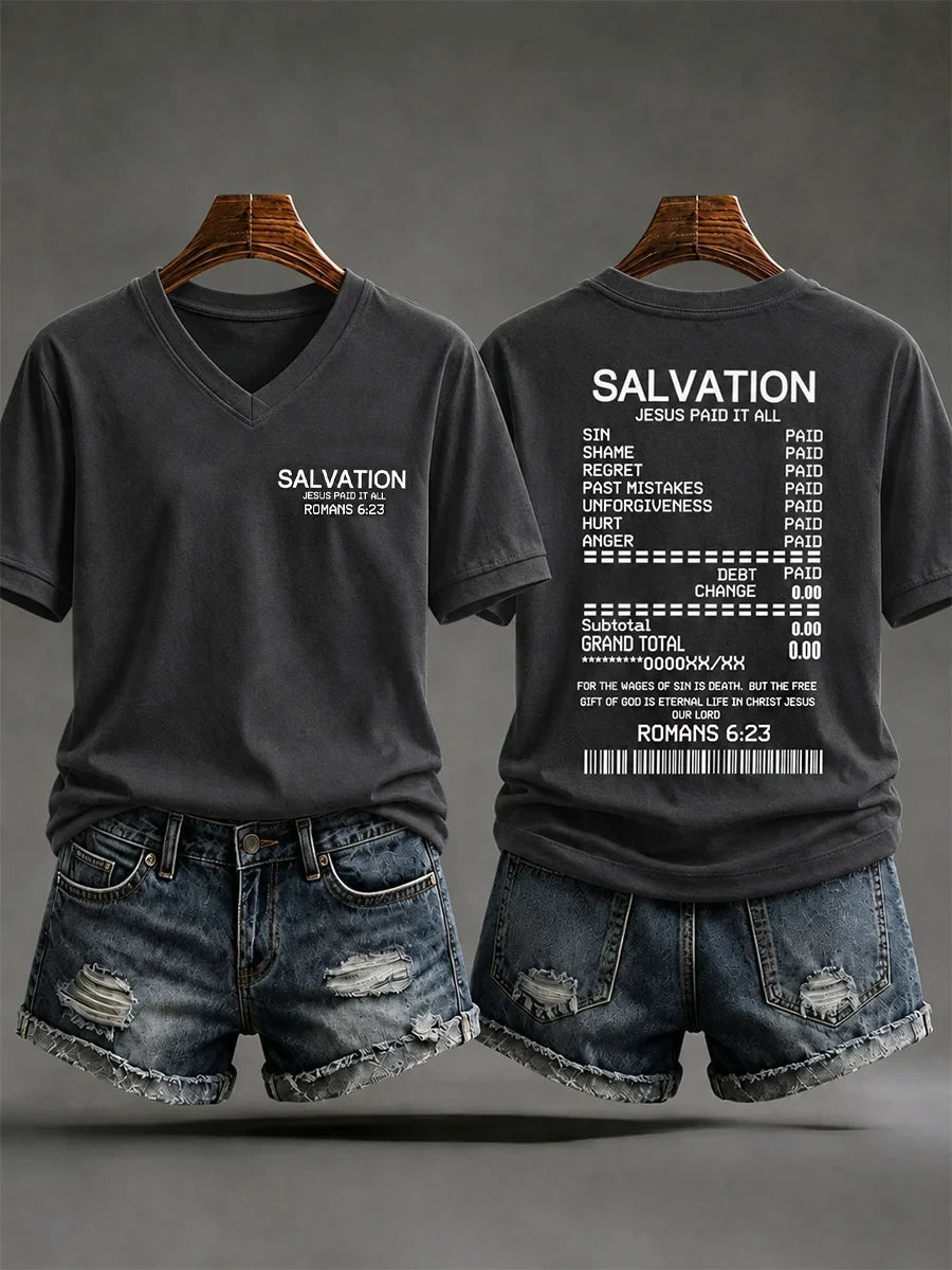 Salvation Jesus Paid It All V-Neck Shirt Bible Verse Apparel Gift For Christian Friends - Merchluma